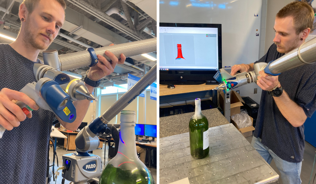 Brock Husak, laboratory technician at WAMIC, uses a FARO ScanArm to 3D scan the neck of a suspect bottle for Arterra Wines.