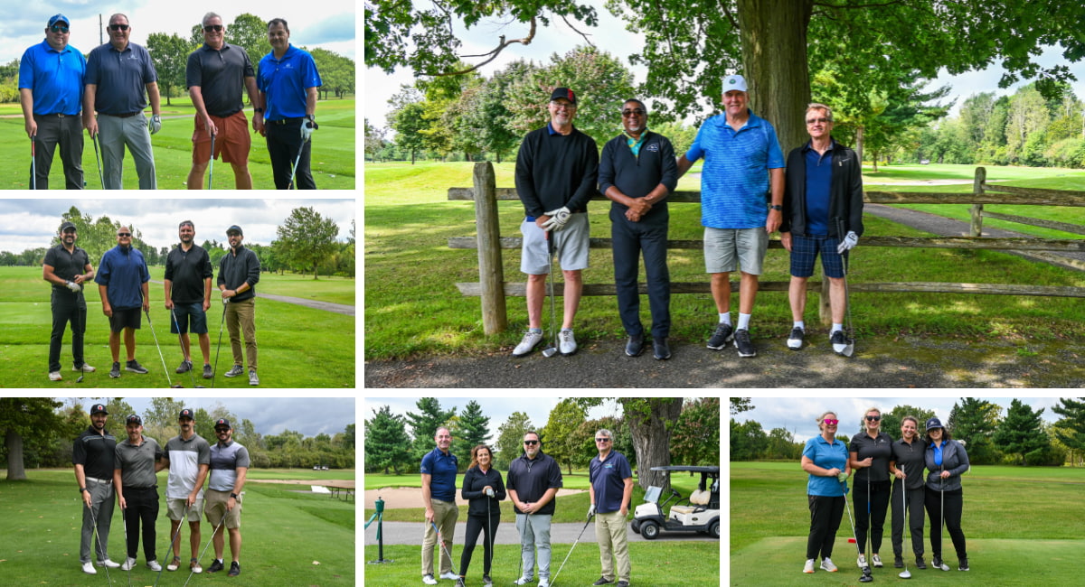 Six different group photos in a photo grid. Each photo shows four people in golf clothing, on a golf course.
