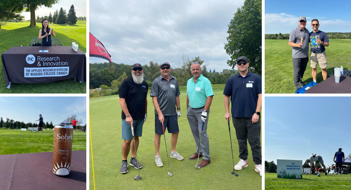 Five images in a grid format, all of various people and items on a golf course.