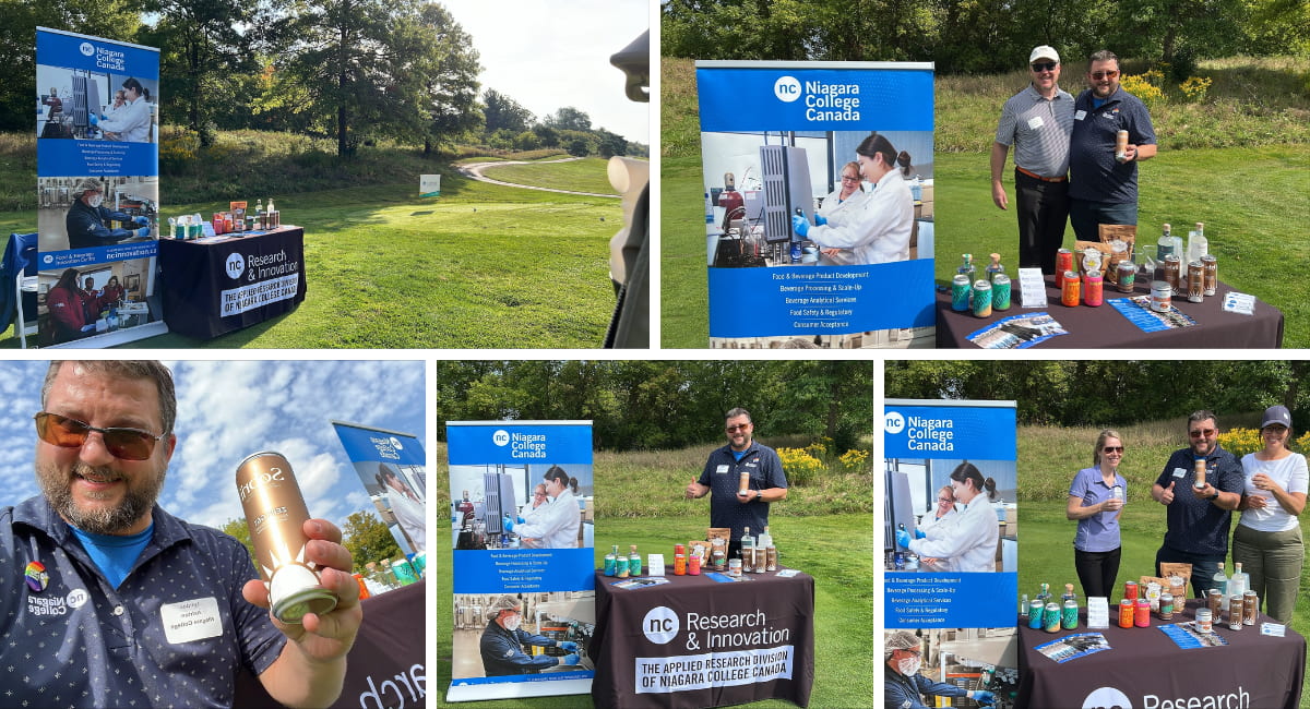 Five images in a grid format, all of various people at a NCC Research and Innovation booth (set up on a golf course)