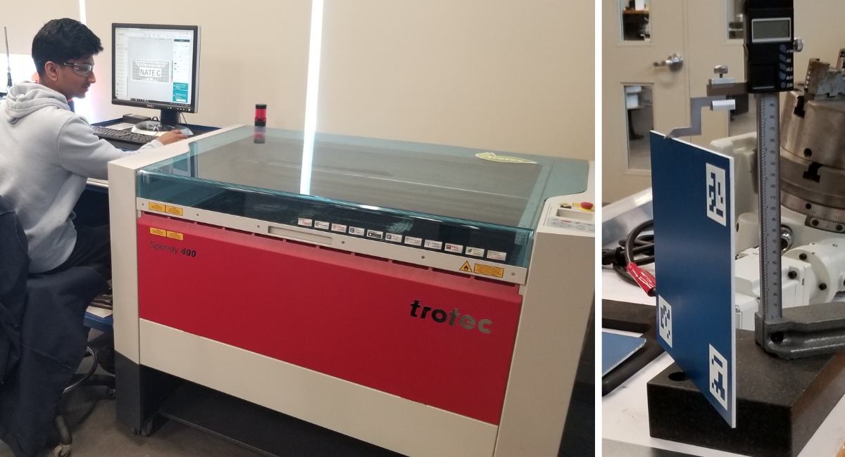 WAMIC’s Trotec laser machine, and etched plates prepared for University of Waterloo.