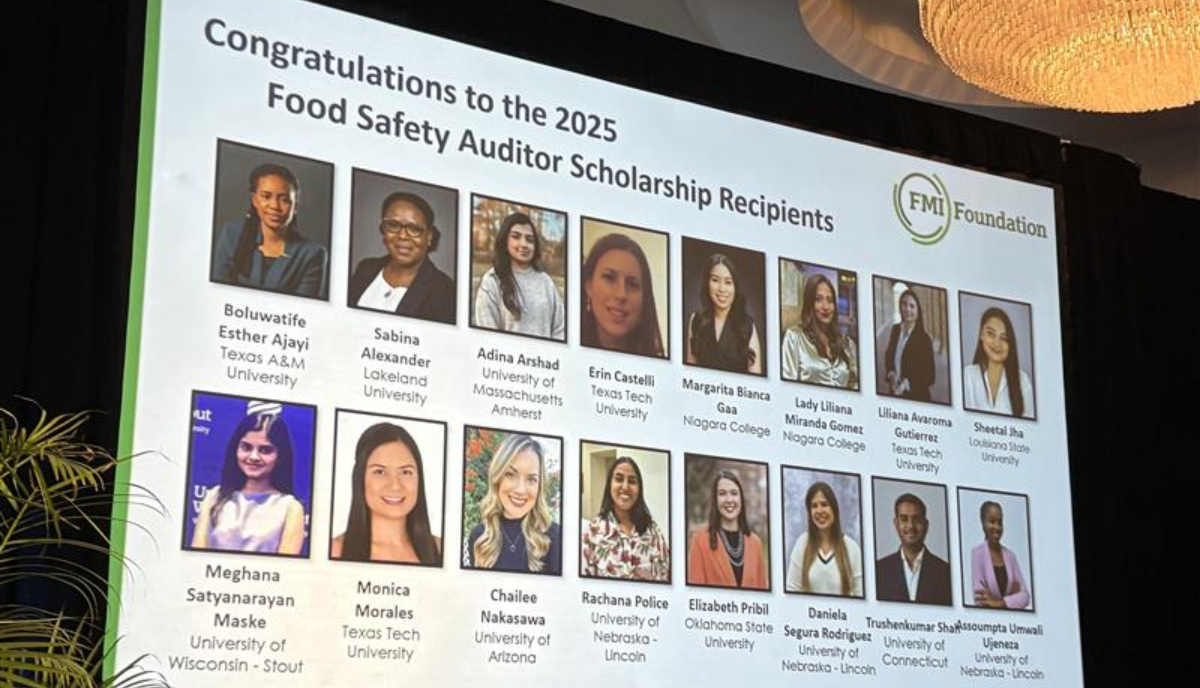 Screen displays list of recipients for the FMI Foundation Food Safety Auditing Scholarship.