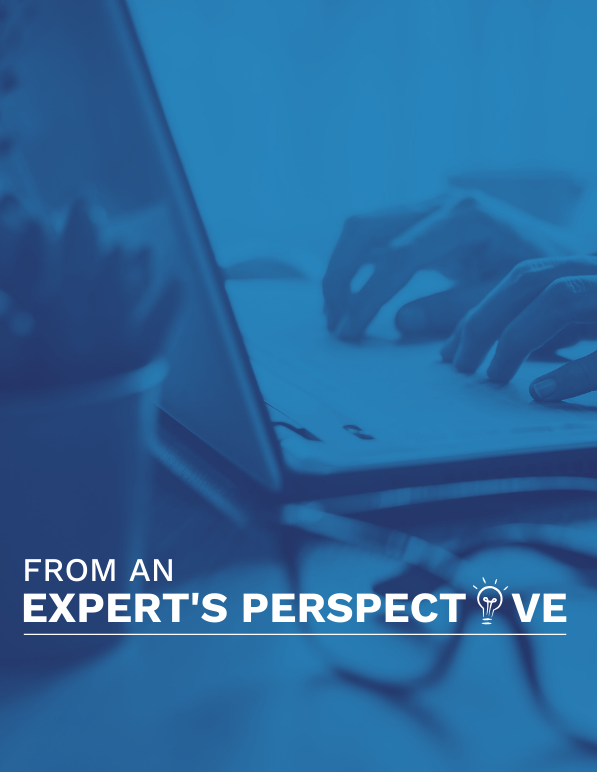 "From an Expert's Perspective." An open laptop with a plant and eyeglasses.