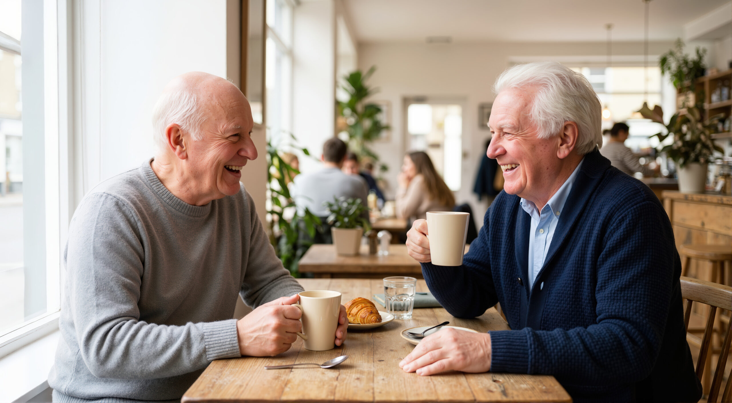 Two elderly men are sitting at a wooden table in a bright, bustling cafe, enjoying a coffee break together. They are both holding large ceramic mugs and laughing heartily, engaged in a cheerful conversation.