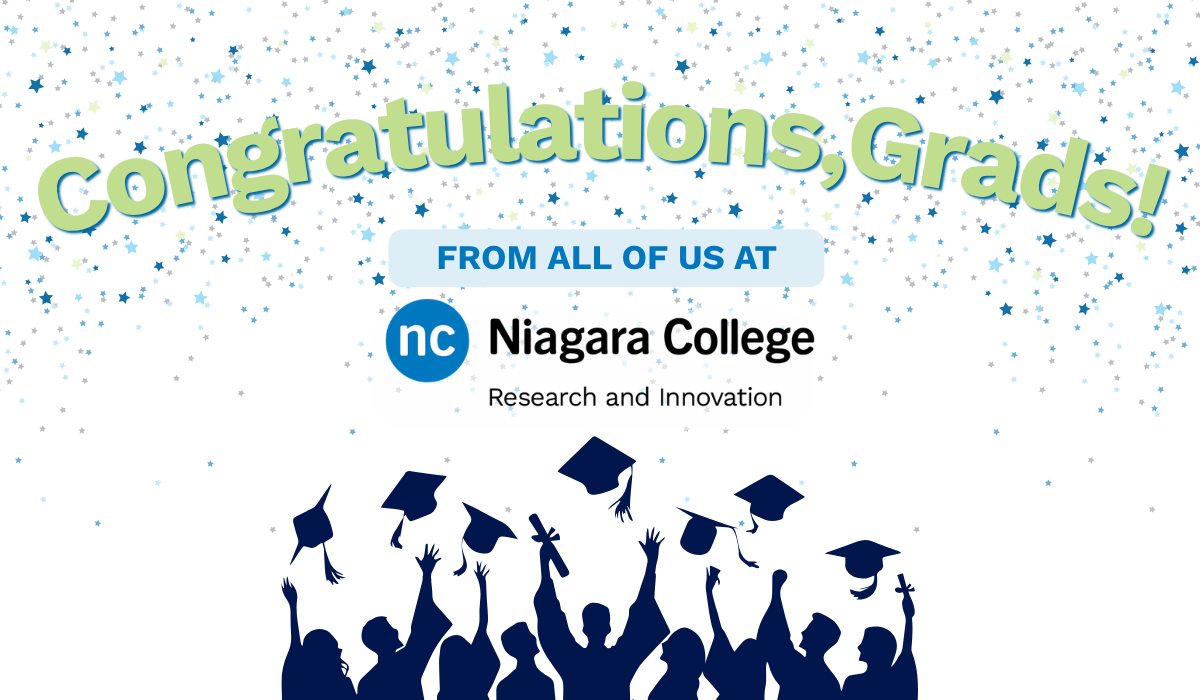 Congratulations, Grads! From all of us at Niagara College Research and Innovation. Grad silhouttes pictured throwing hats into the air filled with confetti.