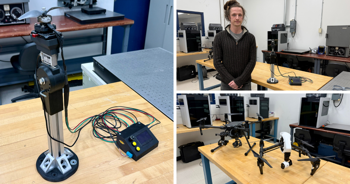 Thrust stand (top left) designed for DSET by Kainaan Riordan (top right), Electronics Engineering student at Niagara College.